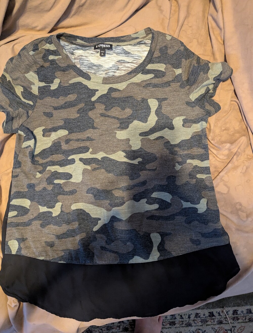 Express Green and Gray Camo Short Sleeve Tee with Black Hem